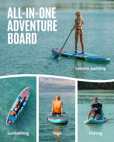 11'6"x35" Inflatable Paddle Board for Adults, Extra Wide Stable SUP | Stand Up Paddleboard, Non-slip EVA Deck, Complete Accessories, Unique Center Fin, for All Skill Levels Paddling On Any Water - color: Black Wood Seat