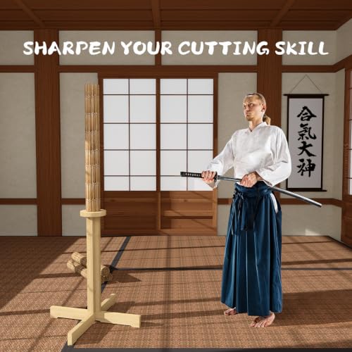 MR Wooden Kendo Tameshigiri Practice Cutting Stand, Heavy Duty Tameshigiri Sword Practicing Stand, 43” Nature Rubberwood Kendo Stick Katana Sword Test Cutting Wooden Dummy Holder, Matt NOT INCLUDED