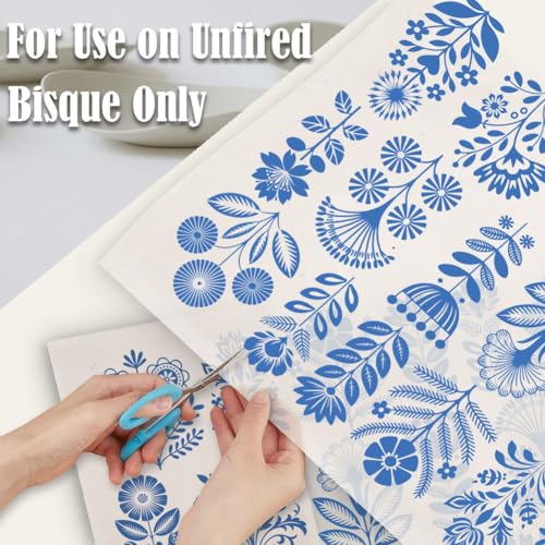 SUPERDANT 5 Pcs Underglaze Transfer Paper Blue Folk Art Flowers Ceramic Decals Floral Pottery Decals for Cups Plates Vases Beginner Handmade Studio Clay Porcelain - style: Folk Art Flowers