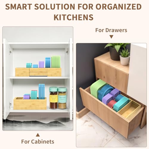Lid Organizer for Cabinet, Bamboo Expandable Kitchen Organizer with 3 Adjustable Dividers for Plastic Lids, Large Food Storage Container Lid Holder for Drawer, Countertop, Pantry