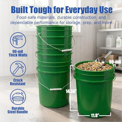 5 Gallon Bucket - Food Grade Bucket, Metal Handle Grip, BPA-Free, Heavy-Duty 90 Mil HDPE Plastic Pail, Stackable Utility Container, Made in USA, Lid Not Included, Green, 1 Pack - color: Green, size: 1 Pack