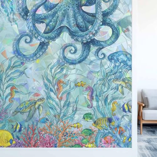 Underwater Life Octopus Coral Window Privacy Film,Heat Control Sun Blocking Static Cling Rainbow Film,Ocean Seaweed Fish Seahorse Non-Adhesive Glass Sticker Door Window Tint,17.7" x 78.7"