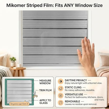 Privacy Window Film Frosted Window Cling Wide Strips Covering Non Adhesive Removable Window Sticker Glass Door Film UV Blocking for Home Office Living Room,17.5 x 78.7 Inches