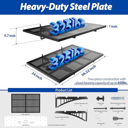 Avalution 2 Pack 2x3ft Garage Shelving Wall Mounted with Hooks,650lbs - size: 2 pack-2*3ft
