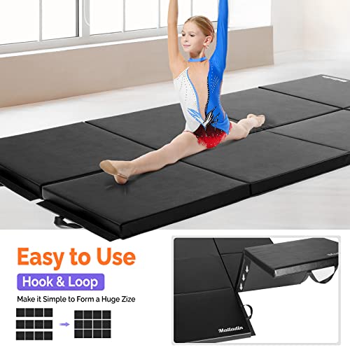 Matladin 8' Folding Gymnastics Gym Exercise Aerobics Mat, 8ft x 2ft x 2in PU Leather Tumbling Mats with Hook & Loop Fastener for Stretching Yoga Cheerleading Martial Arts - color: Black