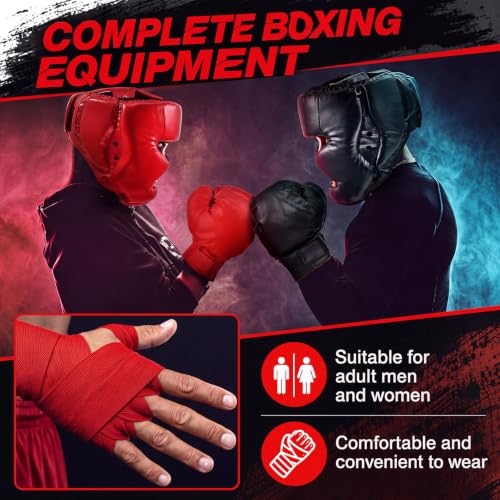 Kanayu 14 Pcs Boxing Gloves and Headgear Set for Beginners Youth 16 Ounce Boxing Gloves Headgear Helmet Hand Wraps Mouth Guards Equipment for Beginners Training Equipment Gifts - color: Black, Red