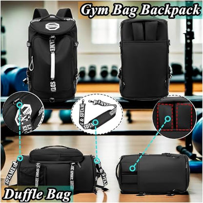 Gym Duffle Bag Backpack,4‑Way Waterproof with Shoe Compartment Travel Laptop - color: Black