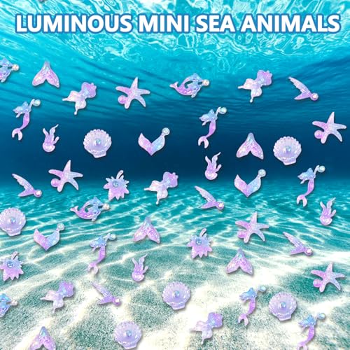 50 PCS Mini Resin Glowing Sea Creatures Set, Dreamy Blue Resin Marine Decor, Tiny Dolphin/Seahorse/Shell Figures for Aquarium & Mini Landscapes, Glow-in-Dark Ocean Decor