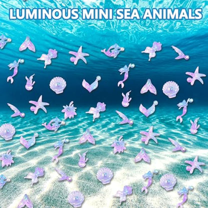 50 PCS Mini Resin Glowing Sea Creatures Set, Dreamy Blue Resin Marine Decor, Tiny Dolphin/Seahorse/Shell Figures for Aquarium & Mini Landscapes, Glow-in-Dark Ocean Decor