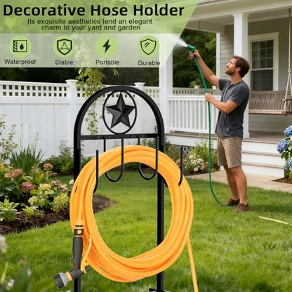 Garden Hose Holder - Upgraded Sturdy Hose Pentagram Holder, Freestanding Heavy-Duty Hose Reel, Sturdy Water Hose Holder and Hose Storage for Outside, Lawns and Yards,Black - style: Star