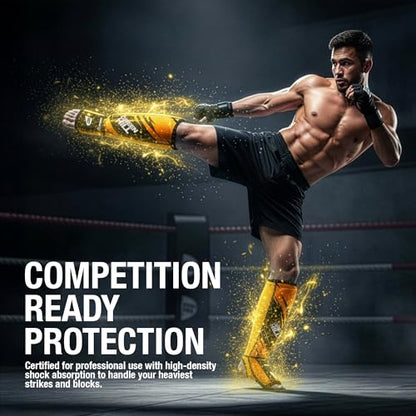 Green Hill IMMAF Shin Guards for MMA, Muay Thai & Kickboxing - color: Black/Golden, size: Small
