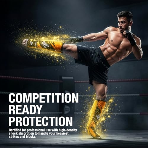 Green Hill IMMAF Shin Guards for MMA, Muay Thai & Kickboxing - color: Black/Golden, size: Large