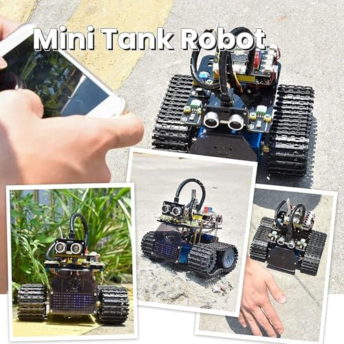 KEYESTUDIO Mini Tank Kit V2 Smart Car for Arduino, IR Infrared and App Remote Control (iOS and Android), Light and Ultrasonic Follow, 8X16 LED Panel, Ultrasonic Obstacle Avoidance,15+