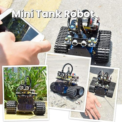 KEYESTUDIO Mini Tank Kit V2 Smart Car for Arduino, IR Infrared and App Remote Control (iOS and Android), Light and Ultrasonic Follow, 8X16 LED Panel, Ultrasonic Obstacle Avoidance,15+