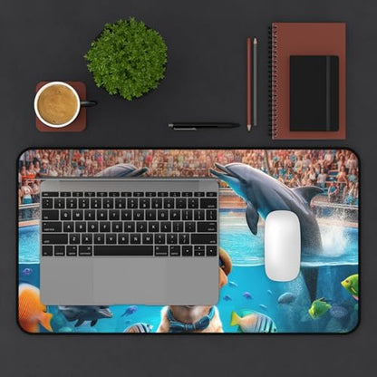 Dog Training Dolphins at an Aquarium - Vibrant Colors Rubber Base Smooth Surface Premium Desk Mat