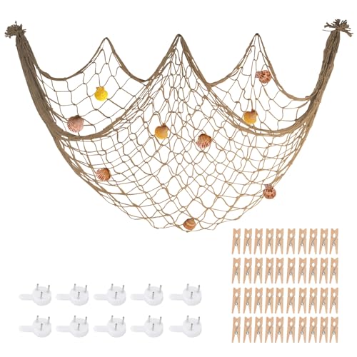 80x40 Inch Decorative Fishing Net w/Shells & Clips, 3mm Brown Natural Cotton Large Photo Hanging Fishnet, Wall Halloween Party Decorations for Nautical Pirate Hawaii Underwater Mermaid Themed Party - color: Caramel, size: Large - 1 Pack with shells