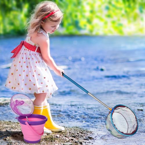 2 Pack Telescopic Kids Fishing Net with Handle, 2 Collapsible Bucket Sand Pail, Stainless Steel Foldable Fishing Net Small Fishing Butterfly Bug Net Beach Shovel with Storage Bag - color: Green Pink Purple Blue