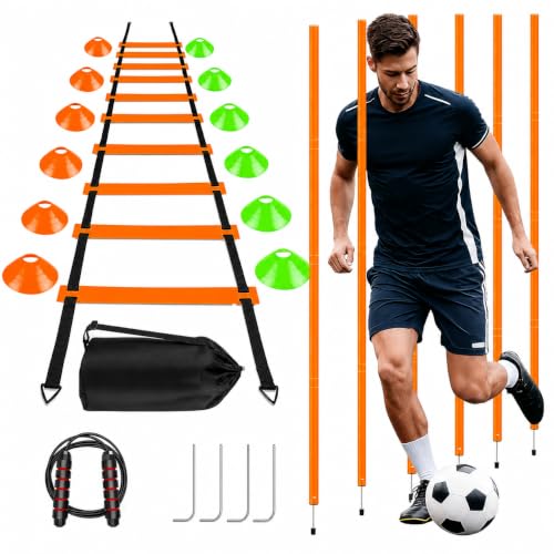 20Ft Agility Ladder Training Equipment for Soccer 12 Cones, Solo Soccer Trainer, Jump Rope Speed Football Gifts for boy - color: Orange