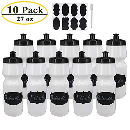 10 Pack 27 oz Sports Water Bottles Sports | Fitness Squeeze Water Bottles BPA Free come with 16 pcs Chalk Labels, 1 Pen(Dishwisher Safe) - size: 27oz 10pack(White)