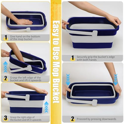 Collapsible Mop Bucket for Cleaning with Handle, Silicone Square Wash Bucket for Windows Cleaning Car Washing,Cleaning Supplies Organizer Plastic Water Bucket - color: Blue