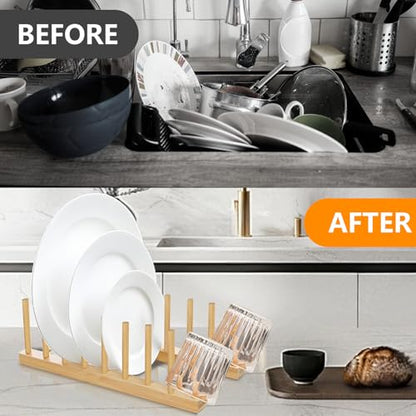 Bamboo Dish Racks 8 Slots,Wooden Plate Organizer for Cabinet Space Saver, Dish, Pots, Lids, Bowls, Cups,Cutting Boards and Books Storage (Box Included)