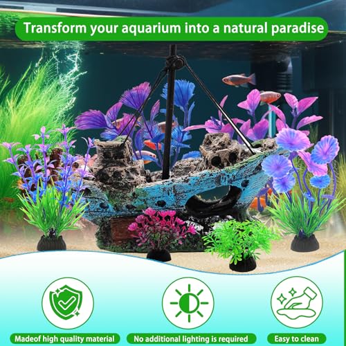 Aquarium Decoration Kit, Resin Shipwreck Ornament with 6 Artificial Aquatic Plants, Fish Tank Decor Set