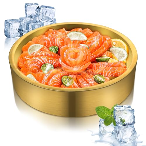 11in Gold Stainless Steel Ice Chilled Serving Trays, Appetizer Cold Serving Tray Platter with Ice, Iced Serving Tray for Parties, Cooling Shrimp Cocktail Serving Dish for Food Fruit (28cm)