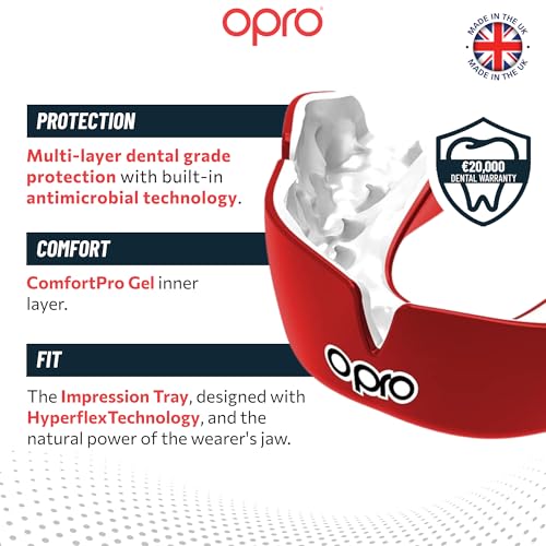 OPRO Instant Custom-Fit Mouthguard – Dentist Level Gum Shield Adult and Kids – OPRO Mouth Guard Boxing and MMA, Self-Fit Gum Shield Rugby – Maximum Protection with Dental Warranty (Red/White) - color: Red/White, size: Adult (10+)