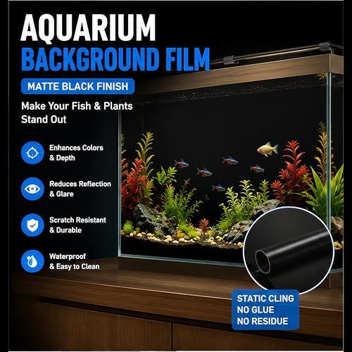 Black Aquarium Background Film, 79"x17.5"in, Static Cling Fish Tank | PVC Static Cling Backdrop, No Glue, No Residue, Removable, Reusable, Easy Install for Fish Tanks - size: 79"x17.5"in