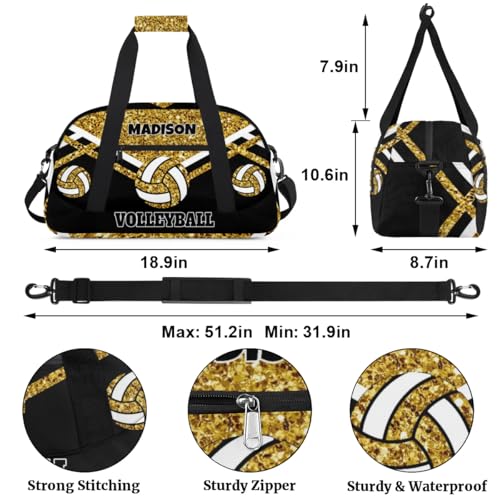 Custom Volleyball Bag for Sports Duffel Bag, Gold Sequins with Black | Personalized Gym Bag Customize Travel Duffle Bag with Name - color: Gold