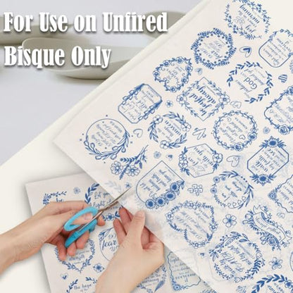SUPERDANT 5Pcs Verses Underglaze Ceramic Decal 20.5x14.6Inch Scripture Pottery Waterslide Blue Script Transfer for Handmade Dishes Easy Apply for Coffee Cup Plate - style: Scripture