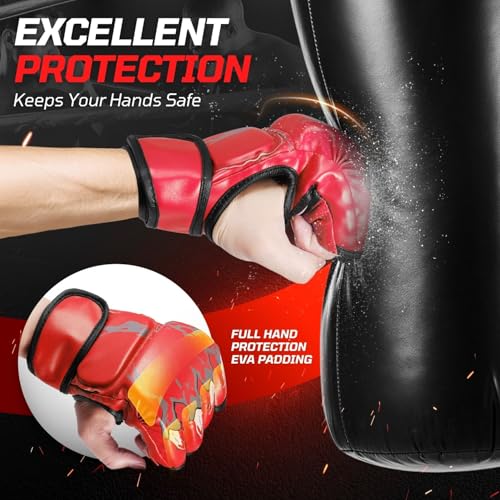 Flexzion MMA Gloves Fingerless Boxing Gloves for Men Women and Teen Youth, UFC Grappling Krav MAGA Kickboxing Gloves for Training Punching Bag Muay Thai Hitting Mitts Cutoff Martial Art Gloves - color: Red