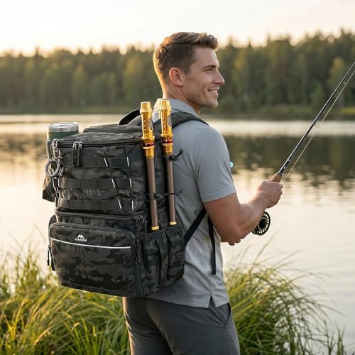MATEIN Fishing Backpack, Water Resistant Tackle Storage Bag with Rod Holders & Cooler, Fishing Gifts for Men