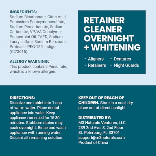 Overnight + Whitening Retainer Cleaner Tablets, Mint, 4 Month Supply by M3 | Compatible with Retainer Cleaner Machine & Ultrasonic Retainer Cleaner, Helps Remove Tough Stains, Buildup, Odors & Plaque - size: Overnight Whitening (120 Count)