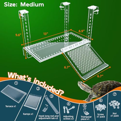 Hanging Turtle Dock Turtle Tank Accessories Adjustable, Large Basking Platform with Freely Installable Climbing Ramps for Aquatic Turtles Sturdy, Wobble-Free Design in Acrylic Material 13'' - size: 13 x 6.9 Inch