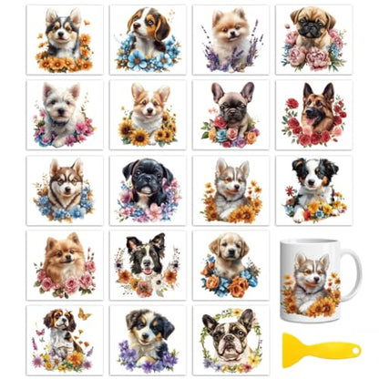 Peacoblue 18 Sheets Rub on Transfers for Crafts, Dog and Flowers 3.6"x3.9" UV DTF Cup Wraps Waterproof Rub on Cold Transfers Stickers for Wood Glass Metal Cup Tumblers Mirrors Mugs Home Decor - style: Dog and flowers