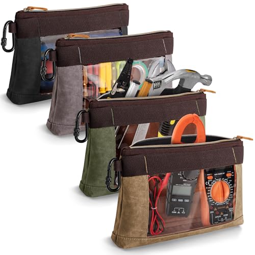 4 Pack Heavy Duty Tool Pouch with Carabiner, 12” Canvas Tool Pouch Bag with Clear Window (4 Colors: Black, Gray, Green, Khaki)