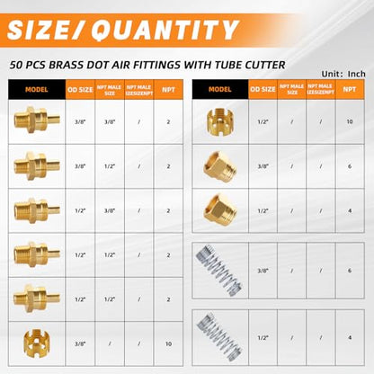 50PCS Brass DOT Air Brake Hose End Fitting Kit, Dazakoot J1402 Air Brake Fitting Assortment Kit for Replacement, Air Brake Hose Assembly Kit (Connector, Nut Tube, Spring and Sleeve Tube) - style: 50PCS
