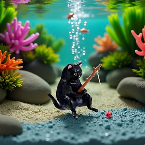 BWESOO Black Fish Tank Landscaping Cartoon Fishing Cat Ornaments Aquarium Accessories Household Supplies Home Office Decorations Fishing Cat Figurine Aquarium Décor Thematic Ornaments