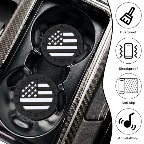 4PCS Car Cup Coasters, 2.75 Inch Universal American Flag Cup Holder Coasters for Car Accessories, Non-Slip Silicone Anti-Shock Drinking Mats for Trucks, Cars, RVs and SUVs (Black)