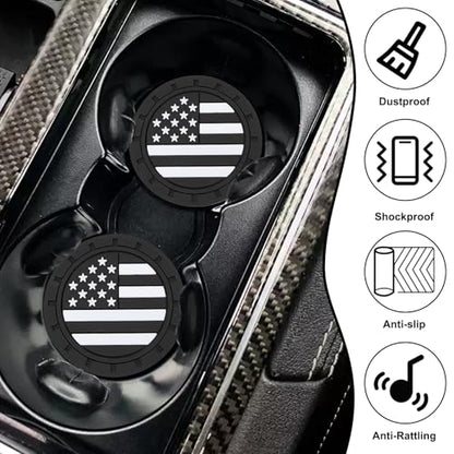 4PCS Car Cup Coasters, 2.75 Inch Universal American Flag Cup Holder Coasters for Car Accessories, Non-Slip Silicone Anti-Shock Drinking Mats for Trucks, Cars, RVs and SUVs (Black)