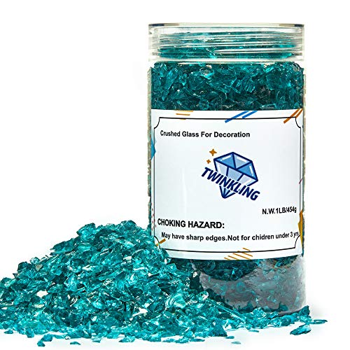 TWINKLING High Luster Fire Glass Gravel Stone Glitter,Broken Glass,Fire Gems Chips,Crushed Glass for Fire Pit Crafts Resin Art Aquarium Garden Decoration,3-6mm,1-Pound Jar (Turquoise) - color: Turquoise