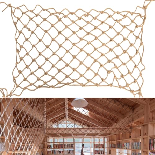 Hemp Rope Net (4ft x 12ft) Heavy Duty Natural Jute Rope Climbing Safety Netting for Balcony Stairs, Fence, Garden, Playground Protection & Indoor/Outdoor Decor - size: 4ftx12ft