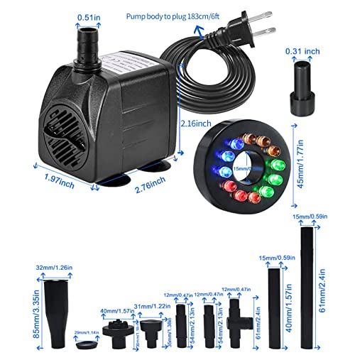 15W 1000L/H Submersible Fountain Water Pump with 12 Colorful LED Lights, Mushroom and Blossom Spray Head for Fountain,Pond,Outdoor Water Feature, Statuary Gardens,Aquarium Fish Tank