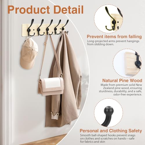 Wooden Coat Rack Wall Mount Heavy Duty, 2 Pack Coat Hanger Wall Mount with 5 Triple Hooks for Clothes, Jacket, Hat, Keys, Space Saving Entryway Organizer for Mudroom (Natural Plate & Black Hooks) - color: Natural Plate & Black Hooks