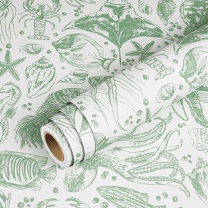Livelynine Green Coastal Wallpaper Peel and Stick Removable Sage Green Tropical Fish Wallpaper Self Adhesive Ocean Beachy Coastal Contact Paper for Drawers Nautical Octopus Jellyfish Crab 17.5x78.8