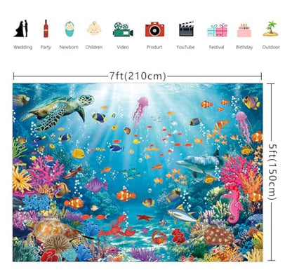 Underwater Backdrop Aquarium Ocean Corals Tropical Fish Photography Background Ocean Theme Party Decorations for Kid Boy's Birthday Cake Table Photo Booth Props (7x5FT) - size: 7x5FT