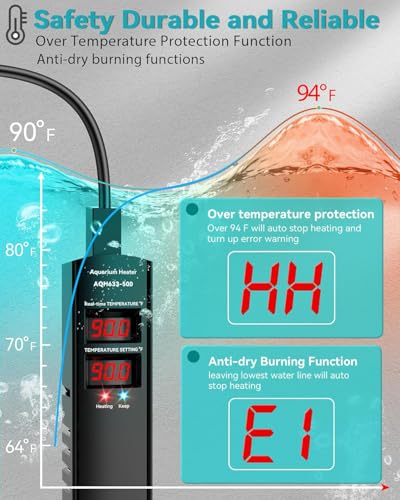 AHJ Aquarium Heater for 75 100 120 Gallon, 500W Submersible Fish Tank Water Heater with Accurate Temperature Control, Over-Temp Protect, Auto Shut-Off, Quick Heat up for Saltwater & Freshwater