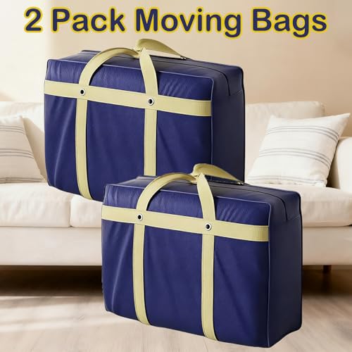 2 Pack Extra Large Moving Bags, Heavy Duty Storage Bag with Strong Zipper & Carrying Handles 52 Gal Capacity Packing Bags Clothes Storage Totes Moving Boxes for Space Saving