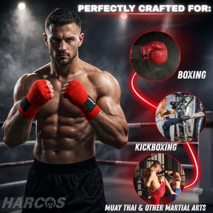 Harcos Boxing Hand Wraps 3.5M / 140 Inches – Soft Semi-Elastic MMA Hand Wraps with Wrist Support for Muay Thai, Kickboxing & Training – Thumb Loop & Hook-and-Loop Closure - color: Black